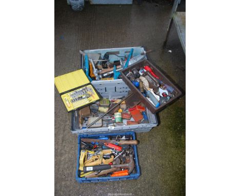 Three trays of tools, hammers, spanners and two pillar drill stands.