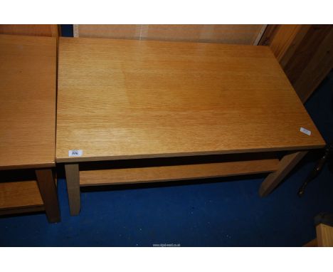 A light oak coffee table with lower shelf, 35 1/2'' x 22'' x 17 1/2'' high.