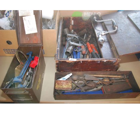 Two military boxes with tools, wrenches, spanners, bearing puller, bar, etc.
