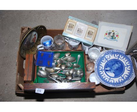 A quantity of Commemorative Cups and Plates, plus a box of plated spoons, etc.