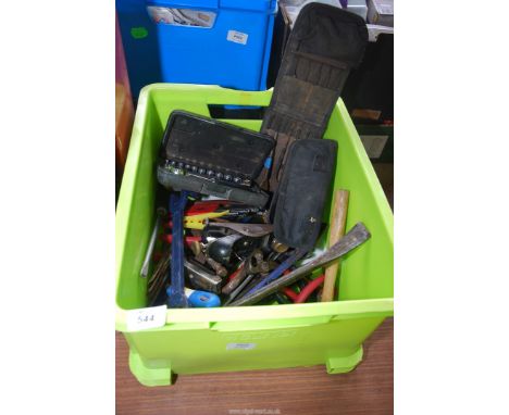 A box of tools including small "Stanley" socket set, wood bits, hammers, pliers, etc.