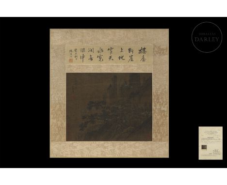 A small painting in ink on silk on a frame of brocaded silk and paper.The beautiful painting depicts a calm landscape amidst 