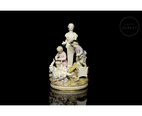 Glazed ceramic figure with a glossy effect. It shows a composition with small children playing around a bust on a Doric colum