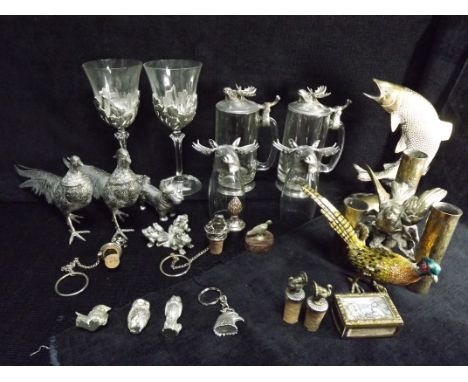 North America, Canada &amp; GB - Hunting &amp; Animal Metal Collection. Glasses, Vases, Wine Bottle Stoppers, Figures, a Matc