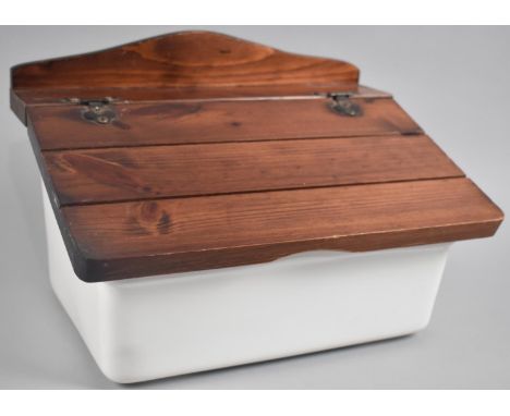A Modern Ceramic Bath with Hinged Wooden Sloping Lid And Gallery, 33cms Wide 