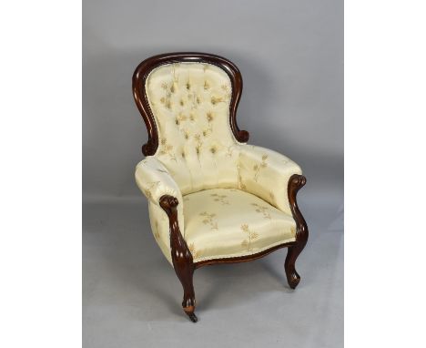 A Reupholstered Late 19th Century Mahogany Framed Balloon Backed Button Upholstered Ladies Arm Chair 