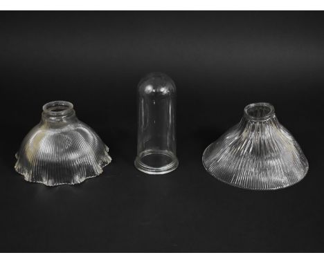 Three Various Vintage Plain Glass Light Shades to Comprise Two Ribbed Examples, the One with Wavy Rim 12cm high and a Domed E