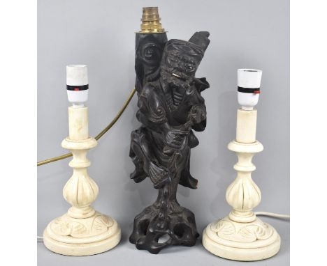 A Chinese Root Carved Figure of an Elder with Staff, Converted to table Lamp Base together with a Pair of Cream Painted Table