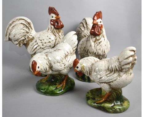 A Collection of Four Crackle Glazed Ceramic Studies of Cocks and Hens, 26cms High 