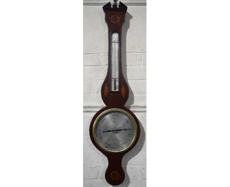 A 19th Century Inlaid Mahogany Wheel Barometer with Thermometer by Silo of Manchester 