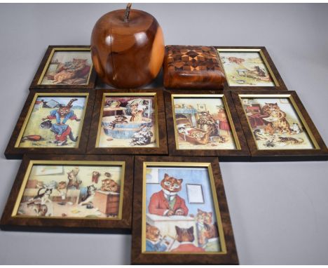 A Treen Apple, Inlaid Treen Box and a Set of Six Miniature Louis Wain Prints 