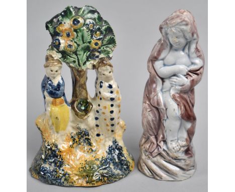 An 18th/19th Century English Pottery Spongeware Flat Back Depicting Lovers in Briar, 12.5cm high Together with an Glazed Porc