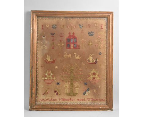 A Gilt Framed 19th Century Sampler, The Work of Betsy Anne Millington, Aged 12 Years, 1864, Depicting House, Sailing Ships, A