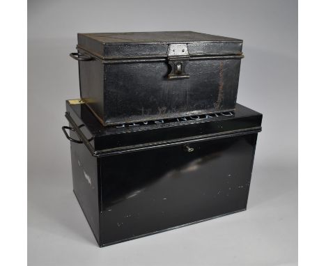 Two Vintage Metal Boxes, Both with Side Carry Handles, Larger Example with Key 