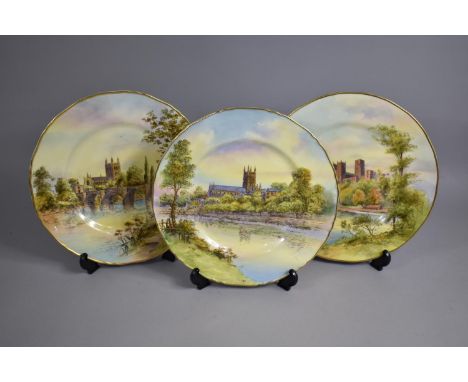 A Set of Three Royal Worcester Hand Painted Plates to Comprise Durham Cathedral Signed S. Wilson, Hereford Cathedral Signed S
