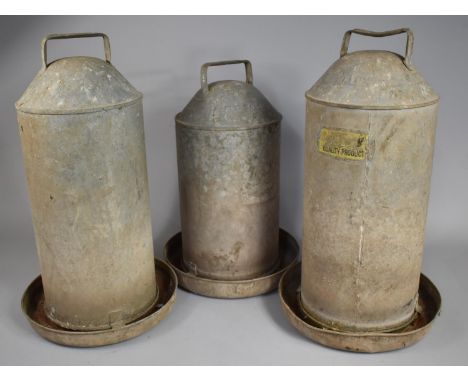 Three Vintage Galvanised Metal Chicken Feeders by Eltex, 55cms High 
