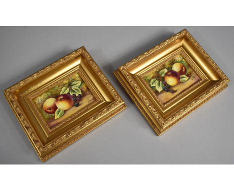 A Pair of Miniature Hand Painted Porcelain Plaques Depicting  Blackberries and Apples, Signed by J Skerret an Artist with Roy