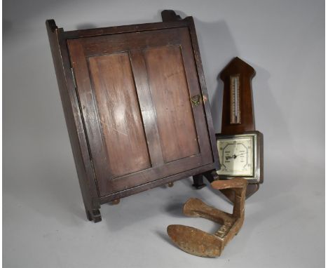 A Vintage Wall Hanging Cabinet together with a Wall Barometer and a Shoe Last 