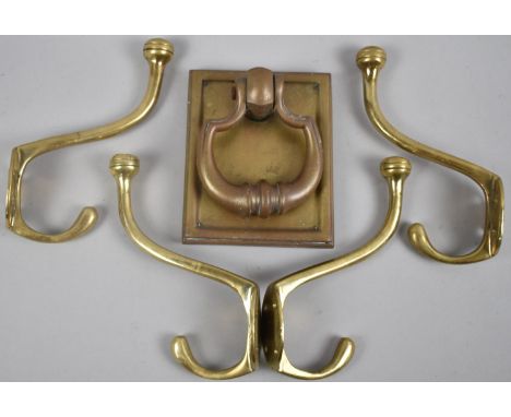 A Collection of Various Brass Wall Mounting Coat Hooks and a Vintage Brass Door Knocker Plate 