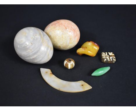 A Small Collection of Various Items to Comprise Chinese Jade Items, Polished Stone Eggs, Amber Piece, Dzi Type Beads etc 