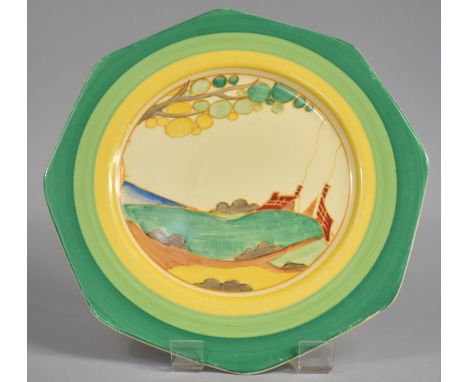 An Art Deco Clarice Cliff Hand Painted Fantasque Bizarre 'Secret' Pattern Octagonal Plate, Coastal Scene with Tree and Cottag