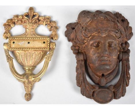 A Reproduction Brass Door Knocker and a French Style Cast Iron Mask Head Knocker, 19cms High 