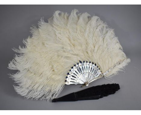 Two Vintage Fans, One Ostrich with Mother of Pearl Canes, Other Black Lace, Some Condition Issues 
