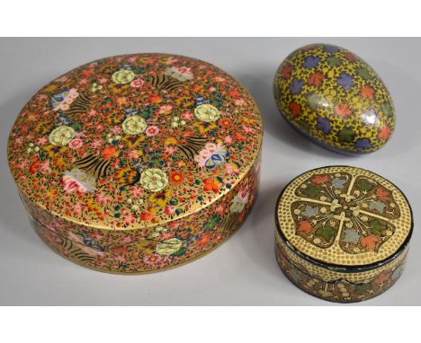 A Collection of Modern and Vintage Kashmiri Items to include Decorated Egg, Coaster Set and Circular Box Containing Plate Coa