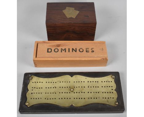 A Vintage Brass Cribbage Board, Modern Wooden Playing Card Box and a Set of Modern Dominoes 