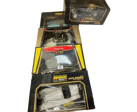 Five Burago model vehicles: two Jaguars, Alfa Romeo, BMW and Chevrolet, boxed.