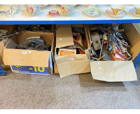 Ten boxes of various tools including power tools, hand saws, etc.