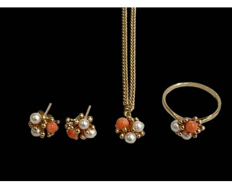 Pearl and coral 9 carat gold ring, pendant and chain, and pair of earrings, ring size P.