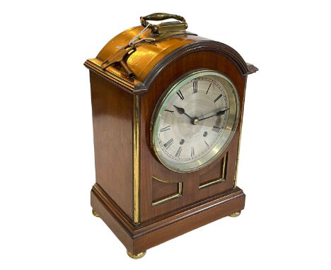 Mahogany and brass bracket clock with silvered dial, 33cm.