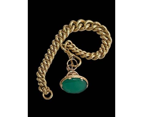 9 carat gold link chain and green hardstone fob.