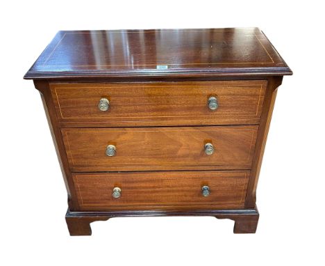 Polished mahogany and line inlaid chest of three long drawers on bracket feet, 75cm by 78cm by 37cm.