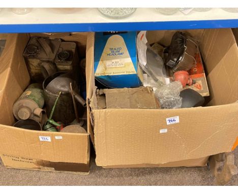 Pair car ramps, hydraulic jacks, part engines and three boxes of automobile parts.