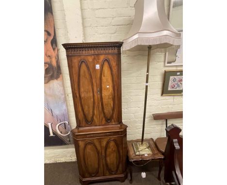 Bevan & Funnell Reprodux mahogany four door standing corner cabinet, brass standard lamp and shade, occasional table, three w