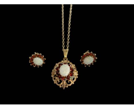 Opal and ruby pendant and chair, and pair of similar earrings.