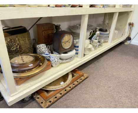 Collection of metalwares, mantel clock, mirrors, various porcelain and figurines, glass, etc.