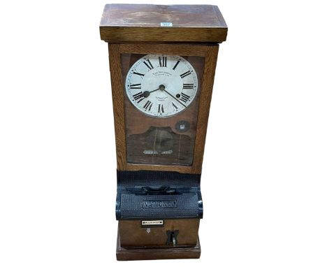 Oak cased National Time Recorder clocking in clock, 98cm.