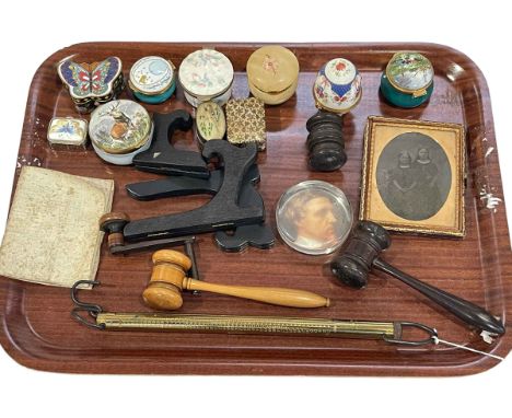 Collection of Crummles trinket boxes, Cloisonné trinket box, daguerreotype photograph, gavels, etc.