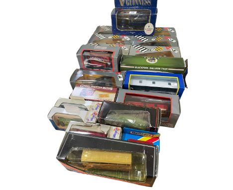 Collection of Corgi and other model buses, lorries and Blackpool Balloon tram, boxed.