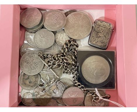 Vesta case, albert chain, ½ crowns and other silver coins, etc.