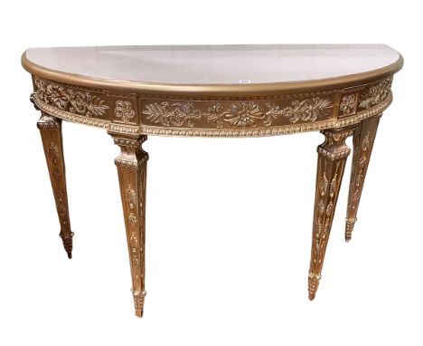 Regency style gilt painted demi lune console table, 93cm by 143cm by 58cm.