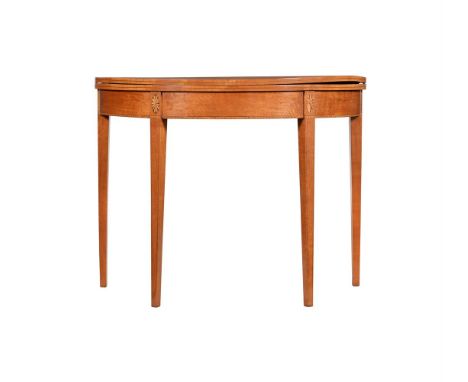 
	
		A GEORGE III SATINWOOD CARD TABLE
		CIRCA 1790
		Of semi-elliptical outline
		72cm high, 94cm wide, 85cm deep

	

