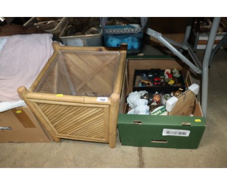 A box containing various patterned tea ware, sundry items, die cast vehicles and a bamboo planter