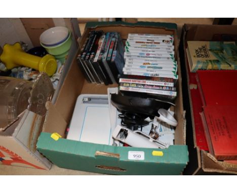 A box containing Nintendo Wii console games and accessories plus various DVDs 