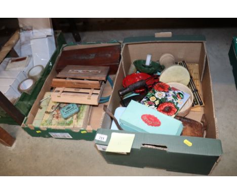 Two boxes containing various sundry items to include floral decorated tile, flat iron, chamber sticks etc.