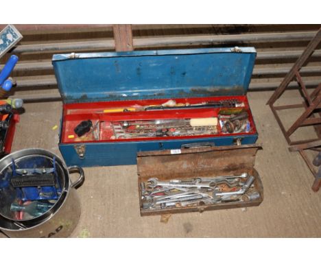 A metal tool box and contents of various tools and one other of various spanners
