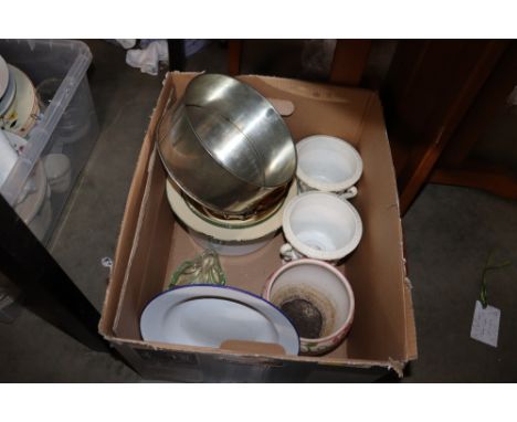 A box containing enamel bowls, vases etc